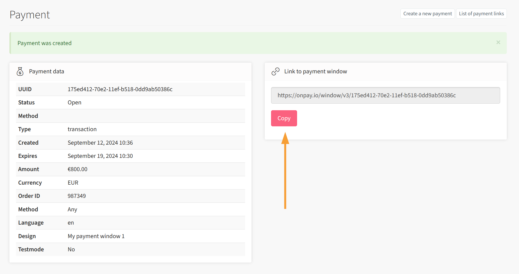 OnPay - Create payment