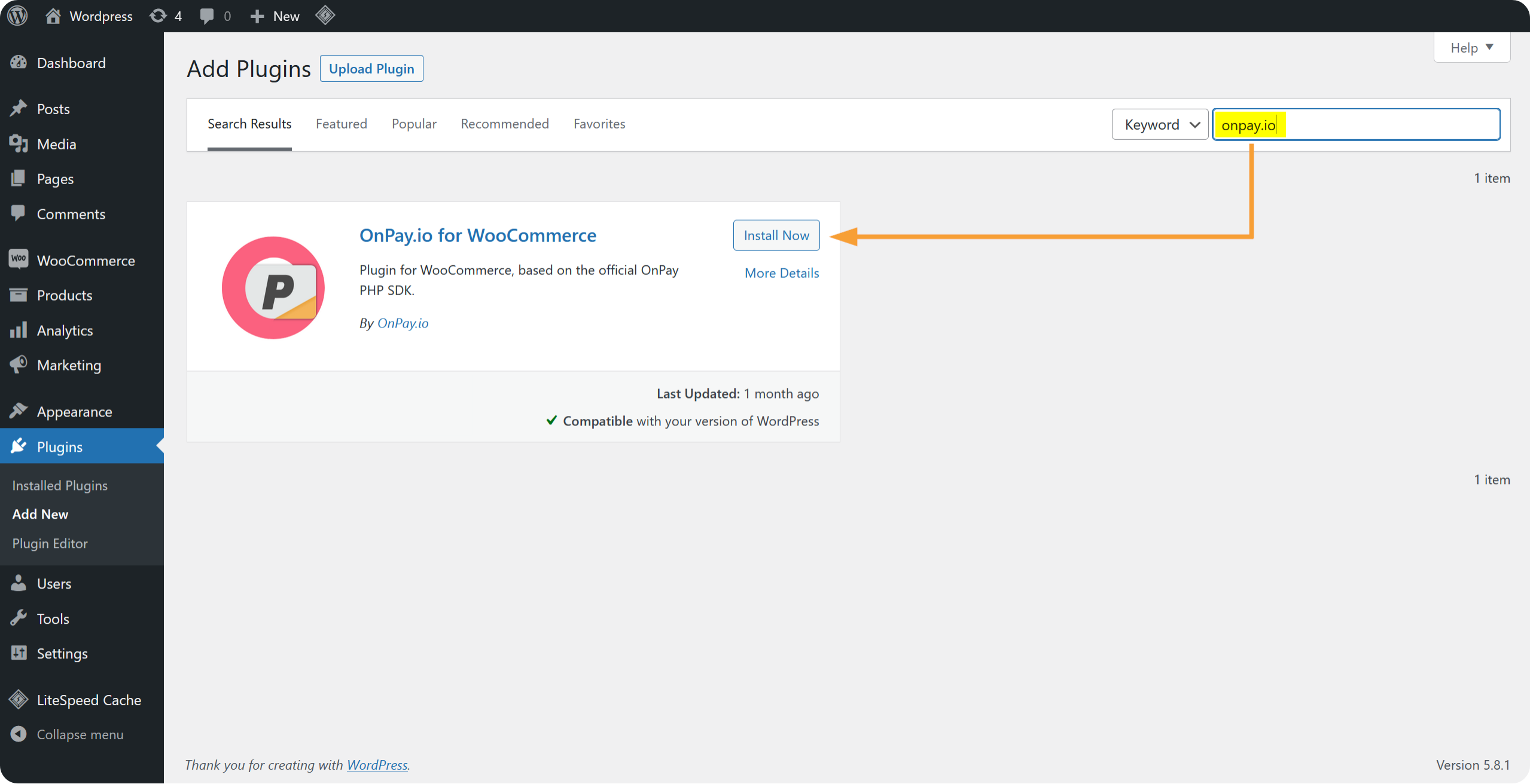 WordPress plugin-søgning viser OnPay.io til WooCommerce