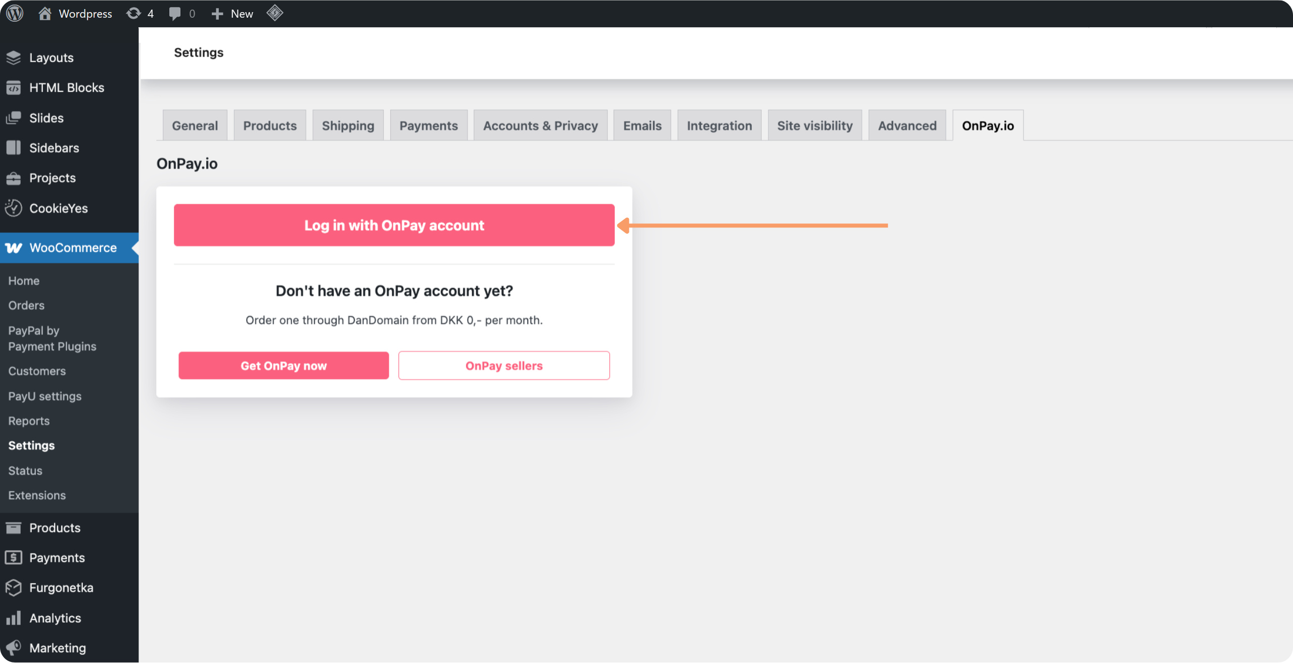 WooCommerce OnPay-indstillingsside med login-knap