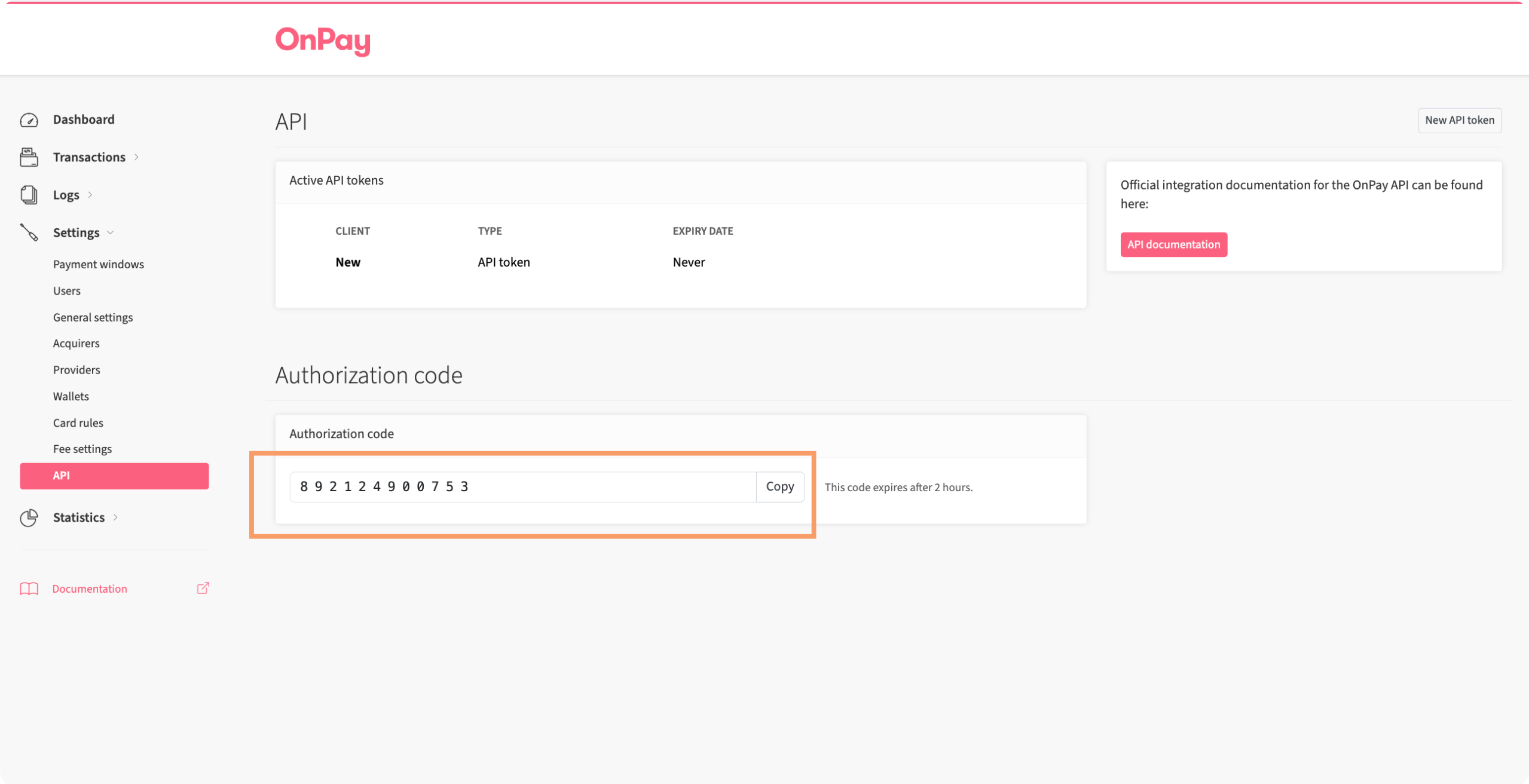 OnPay API-indstillinger viser autoriseringskode