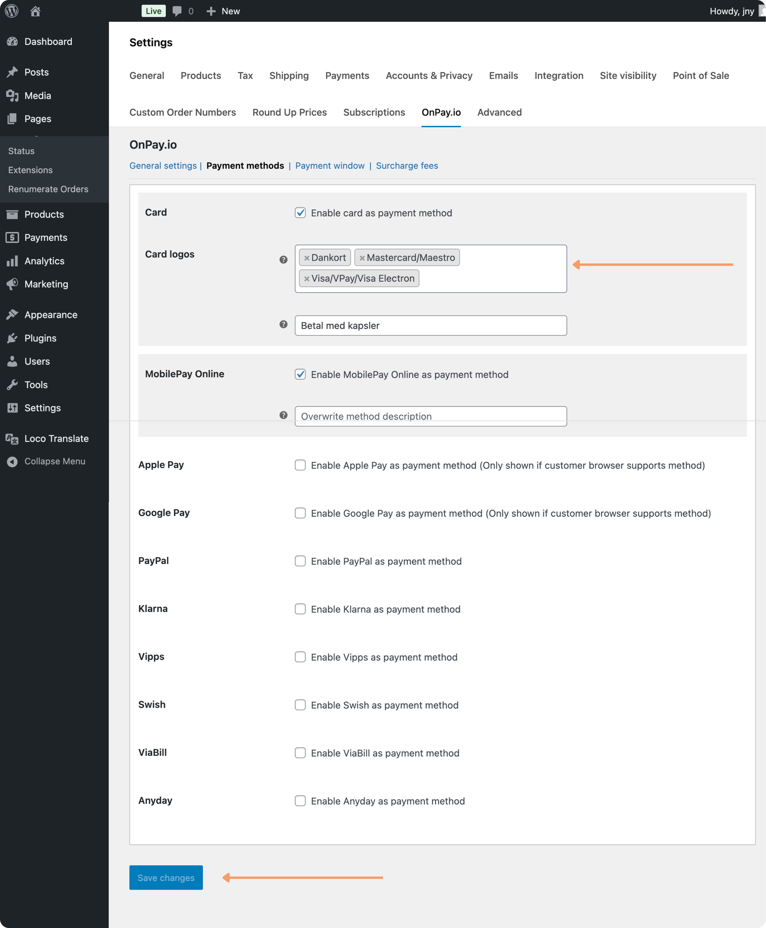 WooCommerce indstillingsskærm