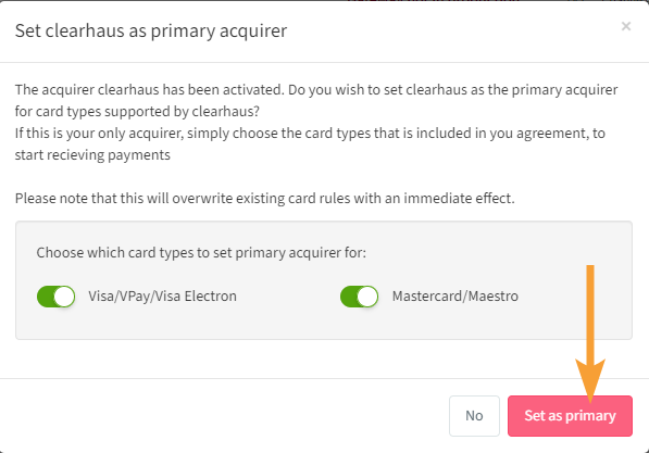 Clearhaus setup: Set as primary acquirer