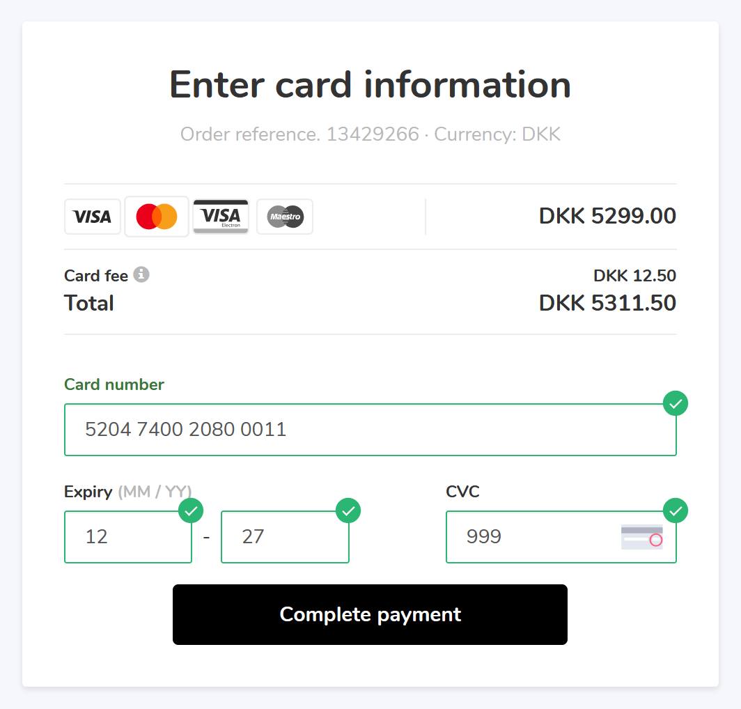 Filled in payment window