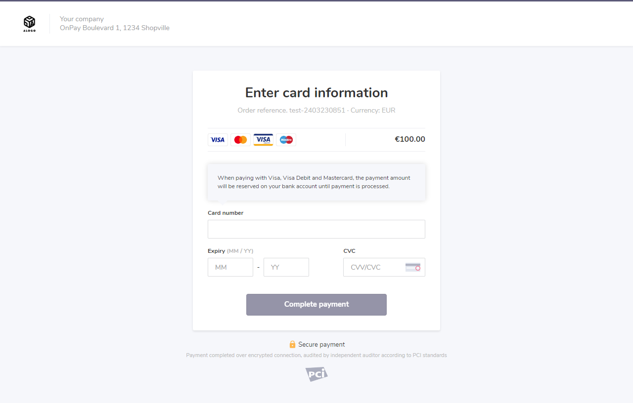 Example of a payment window